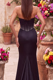 Satin Black Mermaid Cut Out Corset Beaded Strapless Prom Dress with Side Slit