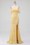 Yellow Mermaid Off the Shoulder Sequins Prom Dress with Slit