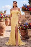 Yellow Mermaid Off the Shoulder Sequins Prom Dress with Slit