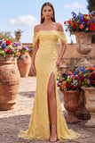 Yellow Mermaid Off the Shoulder Sequins Prom Dress with Slit