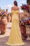 Yellow Mermaid Off the Shoulder Sequins Prom Dress with Slit