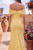 Yellow Mermaid Off the Shoulder Sequins Prom Dress with Slit