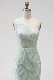 Green Mermaid One Shoulder Beaded Sequins Long Prom Dress with Slit