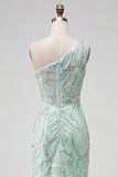 Green Mermaid One Shoulder Beaded Sequins Long Prom Dress with Slit