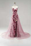 Pink Sequins Mermaid Strapless Detachable Tulle Draped Long Prom Dress with Slit