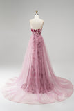 Pink Sequins Mermaid Strapless Detachable Tulle Draped Long Prom Dress with Slit