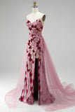 Pink Sequins Mermaid Strapless Detachable Tulle Draped Long Prom Dress with Slit