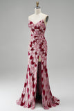 Pink Sequins Mermaid Strapless Detachable Tulle Draped Long Prom Dress with Slit