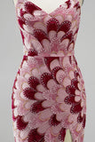 Pink Sequins Mermaid Strapless Detachable Tulle Draped Long Prom Dress with Slit
