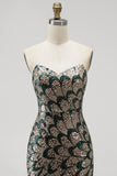 Dark Green Mermaid Sequins Strapless Beaded Long Pageant Dress with Detachable Tulle Draping