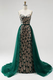 Dark Green Mermaid Sequins Strapless Beaded Long Pageant Dress with Detachable Tulle Draping