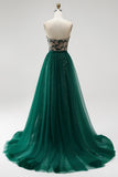 Dark Green Mermaid Sequins Strapless Beaded Long Pageant Dress with Detachable Tulle Draping