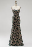 Dark Green Mermaid Sequins Strapless Beaded Long Pageant Dress with Detachable Tulle Draping