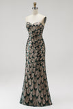 Dark Green Mermaid Sequins Strapless Beaded Long Pageant Dress with Detachable Tulle Draping