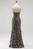 Dark Green Mermaid Sequins Strapless Beaded Long Pageant Dress with Detachable Tulle Draping