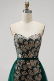 Dark Green Mermaid Sequins Strapless Beaded Long Pageant Dress with Detachable Tulle Draping