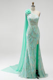 Green One Shoulder Mermaid Sequins Beaded 3D Flower Tulle Draped Long Pageant Dress with Slit