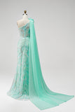 Green One Shoulder Mermaid Sequins Beaded 3D Flower Tulle Draped Long Pageant Dress with Slit