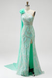 Green One Shoulder Mermaid Sequins Beaded 3D Flower Tulle Draped Long Pageant Dress with Slit