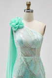 Green One Shoulder Mermaid Sequins Beaded 3D Flower Tulle Draped Long Pageant Dress with Slit