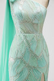Green One Shoulder Mermaid Sequins Beaded 3D Flower Tulle Draped Long Pageant Dress with Slit