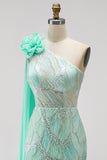 Green One Shoulder Mermaid Sequins Beaded 3D Flower Tulle Draped Long Pageant Dress with Slit