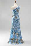 Sparkly One Shoulder Sequins Mermaid Beaded Blue Long Prom Dress