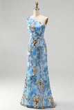 Sparkly One Shoulder Sequins Mermaid Beaded Blue Long Prom Dress