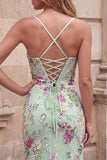 Light Corset Mermaid Floral Sequins Long Prom Dress with Lace Up Back