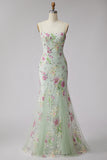 Light Corset Mermaid Floral Sequins Long Prom Dress with Lace Up Back