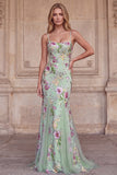 Light Corset Mermaid Floral Sequins Long Prom Dress with Lace Up Back