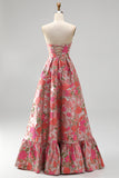 Red Floral Jacquard A-Line Ruffled Hem Strapless Long Prom Dress with Slit