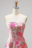 Red Floral Jacquard A-Line Ruffled Hem Strapless Long Prom Dress with Slit