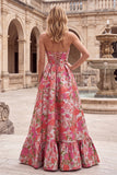 Red Floral Jacquard A-Line Ruffled Hem Strapless Long Prom Dress with Slit