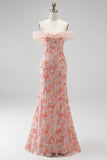 Pink Off the Shoulder Mermaid Appliques Sequins Long Prom Dress with Beading