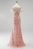 Pink Off the Shoulder Mermaid Appliques Sequins Long Prom Dress with Beading