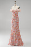 Pink Off the Shoulder Mermaid Appliques Sequins Long Prom Dress with Beading