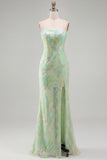 Sparkly Mint Green Strapless Mermaid Beaded Sequins Long Prom Dress with Slit