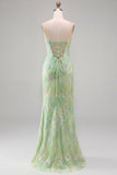 Sparkly Mint Green Strapless Mermaid Beaded Sequins Long Prom Dress with Slit