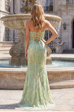 Sparkly Mint Green Strapless Mermaid Beaded Sequins Long Prom Dress with Slit