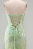 Sparkly Mint Green Strapless Mermaid Beaded Sequins Long Prom Dress with Slit