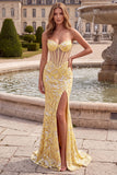 Yellow Mermaid Corset Sheer Embroidery Strapless Long Prom Dress with Slit