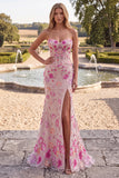 Pink Corset Mermaid Embroidery Sequins Strapless Long Prom Dress with Slit