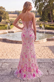 Pink Corset Mermaid Embroidery Sequins Strapless Long Prom Dress with Slit