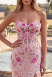 Pink Corset Mermaid Embroidery Sequins Strapless Long Prom Dress with Slit