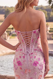 Pink Corset Mermaid Embroidery Sequins Strapless Long Prom Dress with Slit
