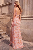 Pink Floral Embroidery Mermaid Sequins Cut Out Spaghetti Straps Long Prom Dress with Slit