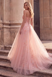Pink A-Line Embroidery Sequins Strapless Long Prom Dress with Tulle Draping