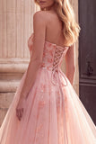 Pink A-Line Embroidery Sequins Strapless Long Prom Dress with Tulle Draping