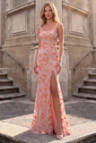 Pink Square Neck Floral Embroidery Mermaid Spaghetti Straps Long Prom Dress with Slit